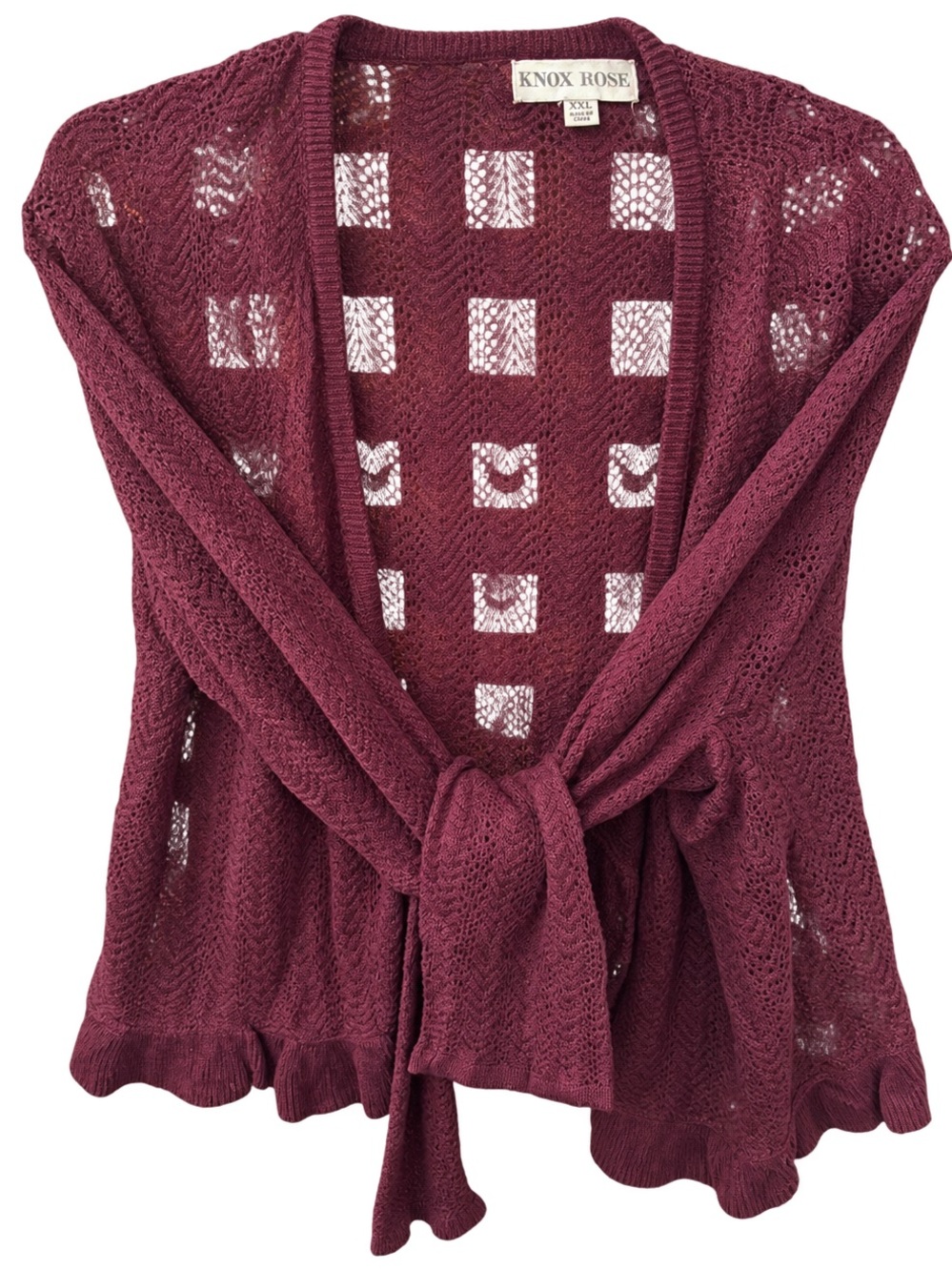 Knox Rose Burgundy Open-Knit Tie-Front Cardigan